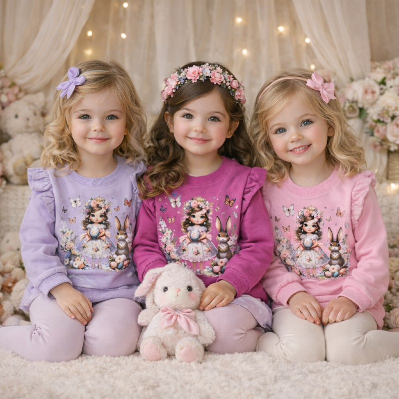 1040 بلوز تک آستین چین دخترانه دخترو خرگوش  ، سایز 40 تا 55 ( پک چهار عددی )