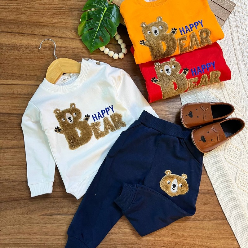 1023بلوز شلوار نقلی چوبکاری happy bearگلدوزی ( پک چهار عددی)
