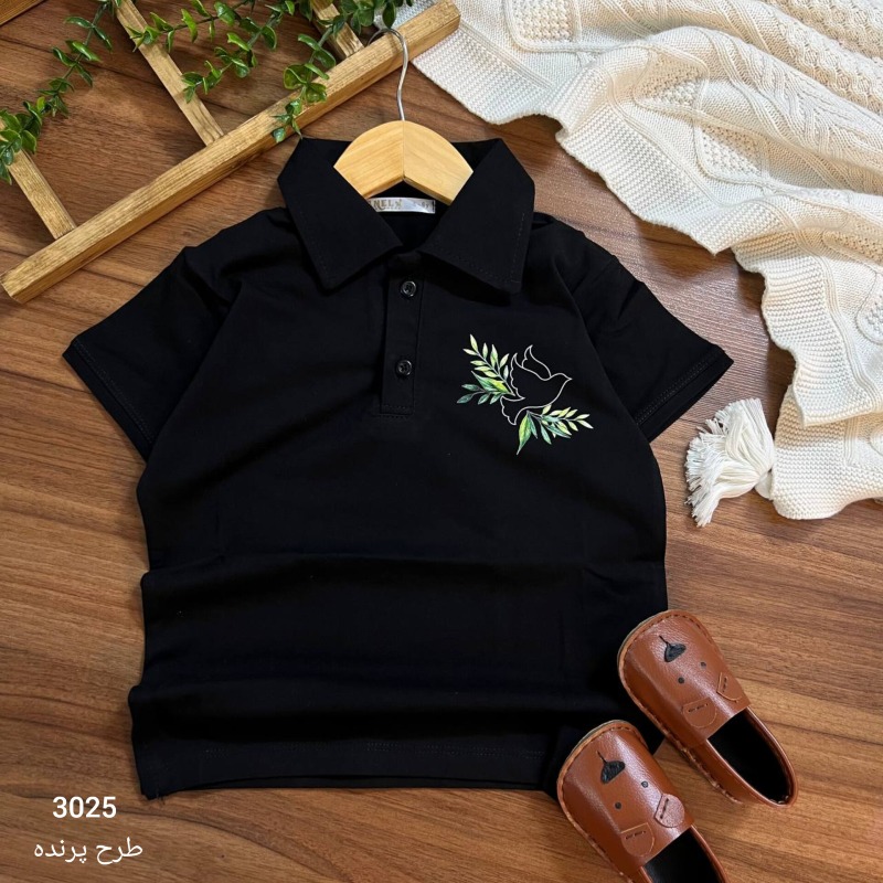 3025 تیشرت یقه انگلیسی مشکی ، پک دو عددی 