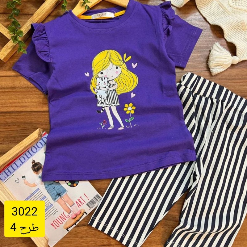 3022 تیشرت سرشانه چین دار و شلوار دخترانه زیر زانو(برمودا)(پک۲عددی)