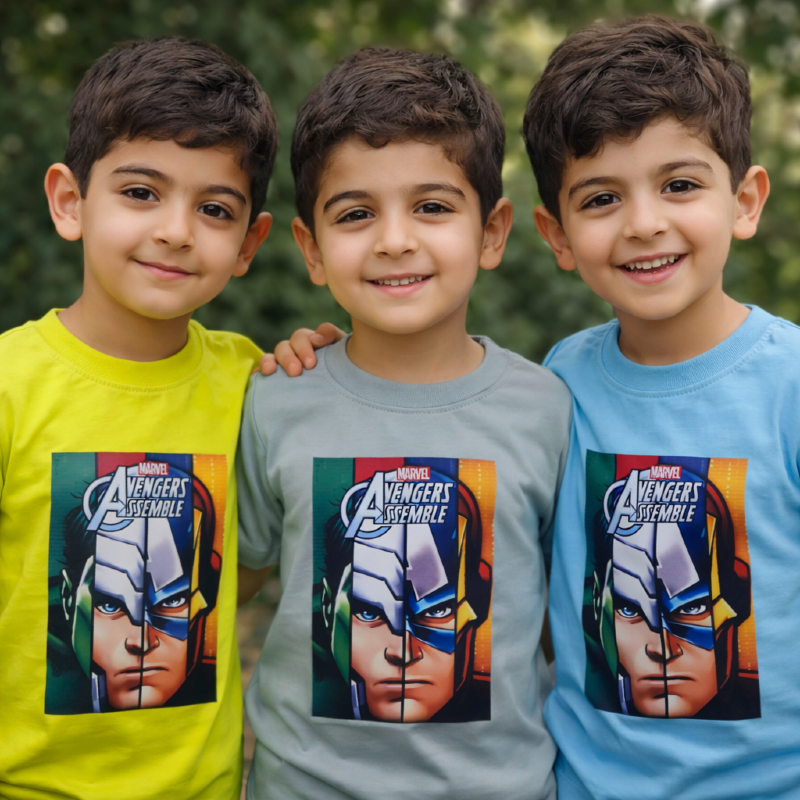 4005 تیشرت تک ابرقهرمان های marvel 50-55(هالک و آیرون من و کاپیتان آمریکا )(کد4005)(پک2عددی)