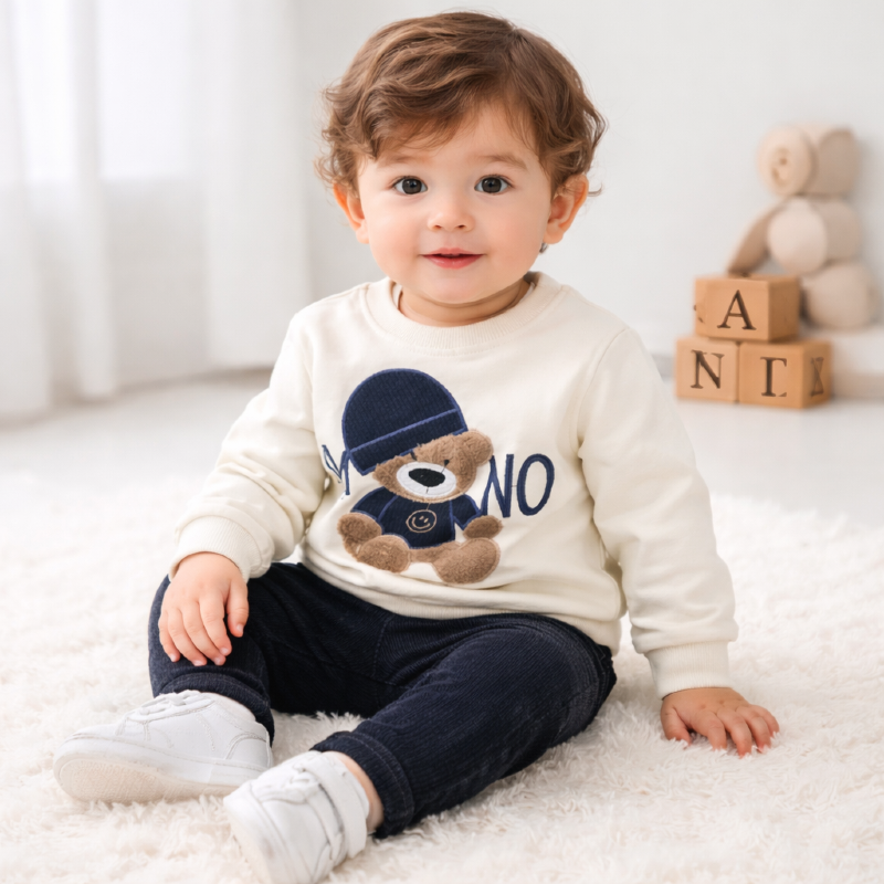 1036 بلوز و شلوار چوبکاری تدی کلاه دار شلوار کبریتی  ، 6 ماه تا 24 ماه ( پک چهار عددی )