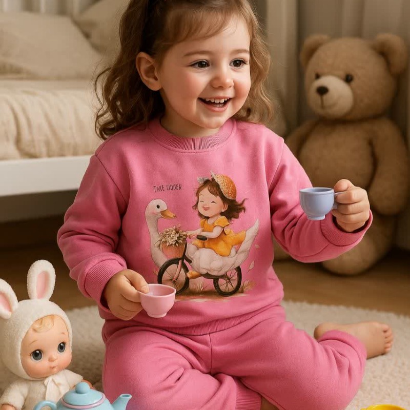 1041 بلوز و شلوار دخترانه ، طرح دختر و قو پک پنج عددی (۱ تا ۵ سال )