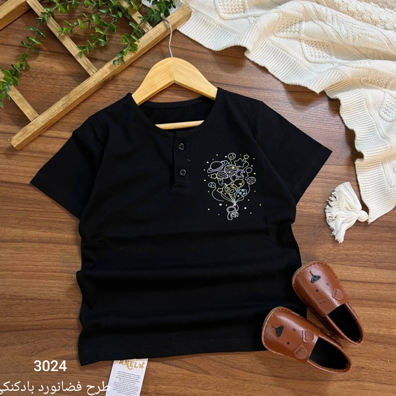 3024 تیشرت یقه گرد دکمه دار مشکی ، پک دو عددی 